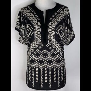 Jealous Tomato Black & Tan Aztec Short Sleeved Loose Casual Blouse Small